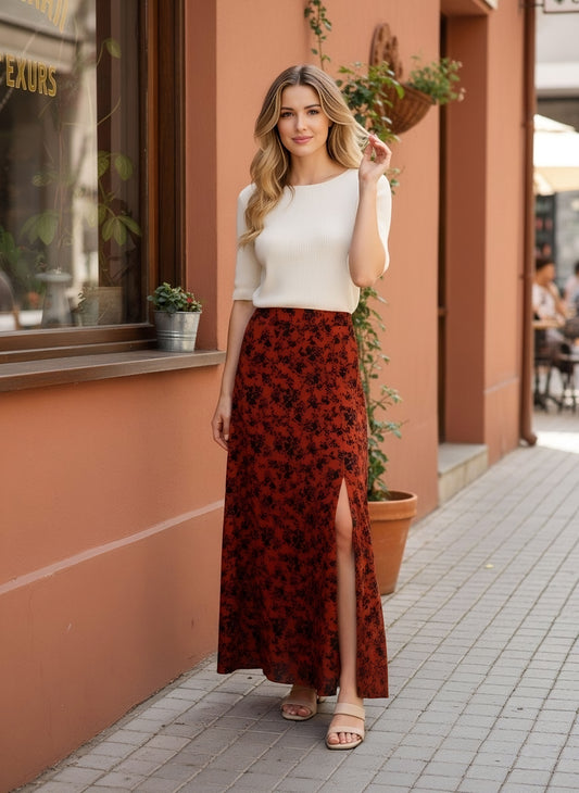 Berrylush Women Brown Floral Print High Rise A-Line Midi Skirt
