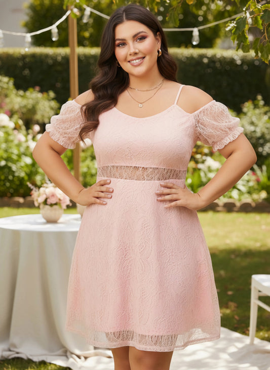 Berrylush Curve Women Solid Pink Round Neck Cold-Shoulder Sleeves Lace Knitted Fit & Flare Mini Dress