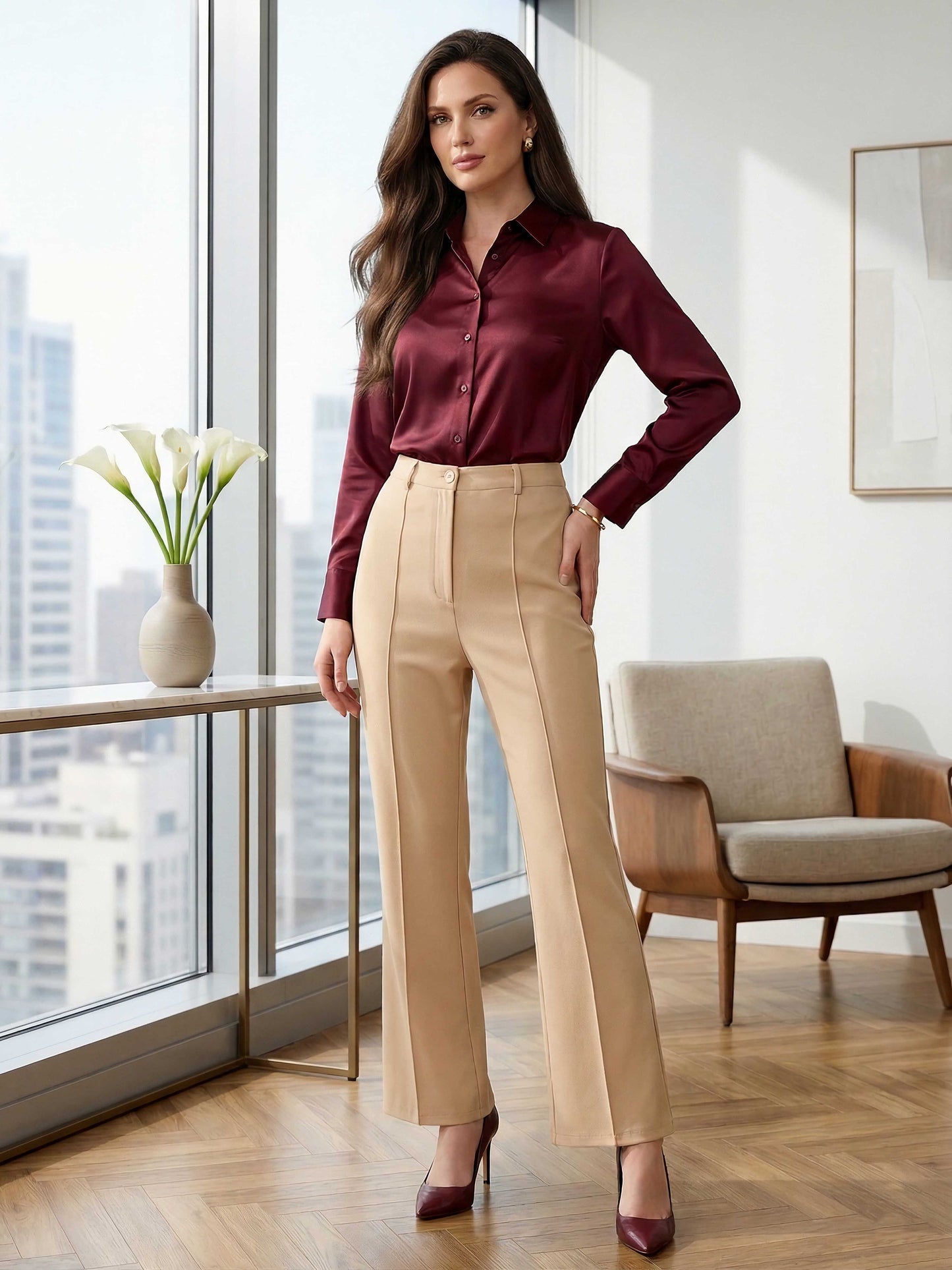 BIZwear Solid Beige High-Rise Waist Straight-Leg Front-Pleat Knitted Regular Trousers