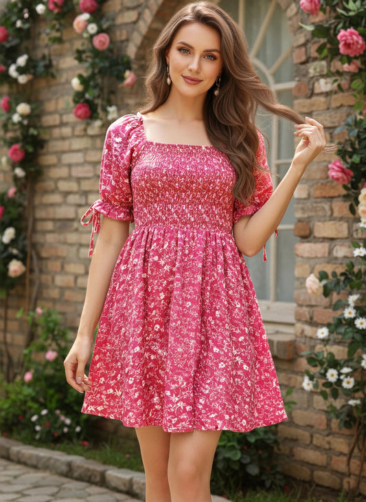 Berrylush Women Pink & White Floral Printed Square Neck Smocked Back Crepe A-Line Mini Dress