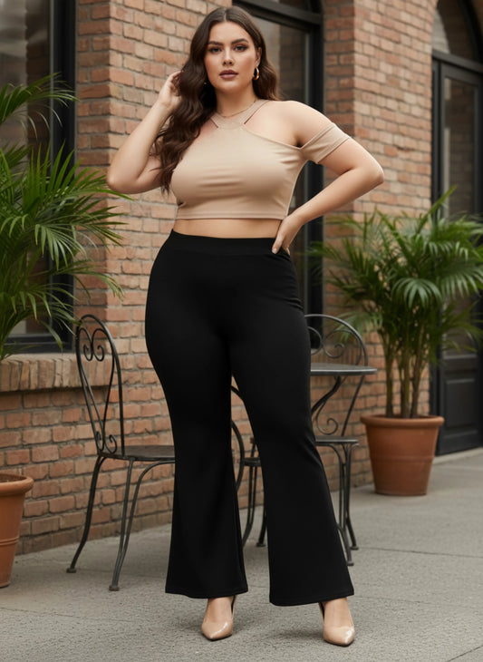 Berrylush Curve Women Solid Black High-Rise Waist Wide-Leg Slip-On Flat-Front Knitted Regular Trousers