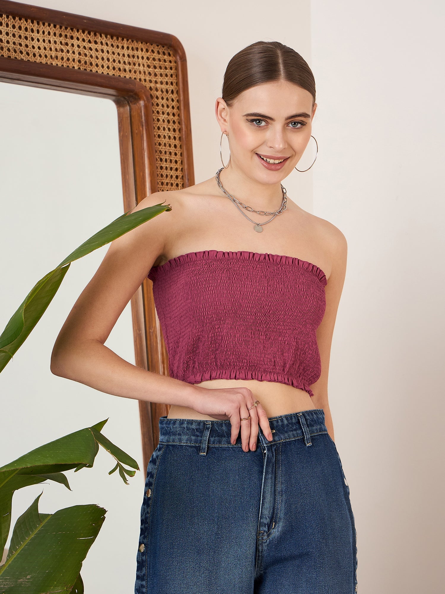 Berrylush Women Solid Pink Strapless Neck Sleeveless Backless Smocked Crop Tube Top