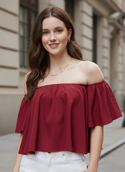 Berrylush Women Solid Red Off-Shoulder Neck Ruffled Crop Bardot Top