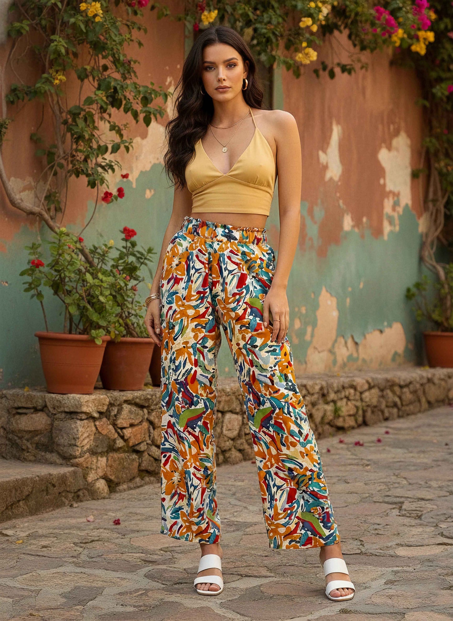 Berrylush Women White & Multicolour Abstract Printed High-Rise Elastic Waist Slip-On Pleated Regular Parallel Trousers