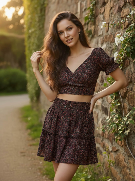 Berrylush Women Black Floral Printed Sweetheart Co-Ordinate Dress