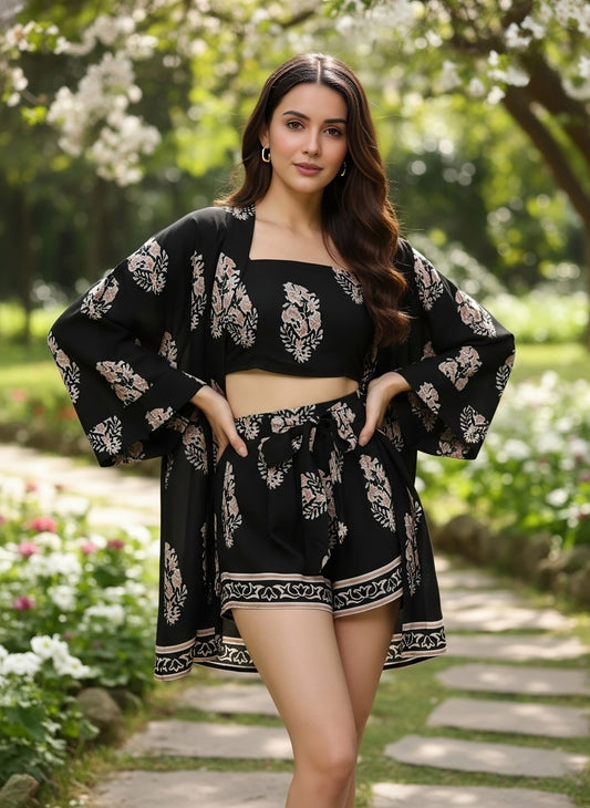 Berrylush Women Black & White Paisley Printed Crop Top & Tie-Up Front Shorts With Kimono