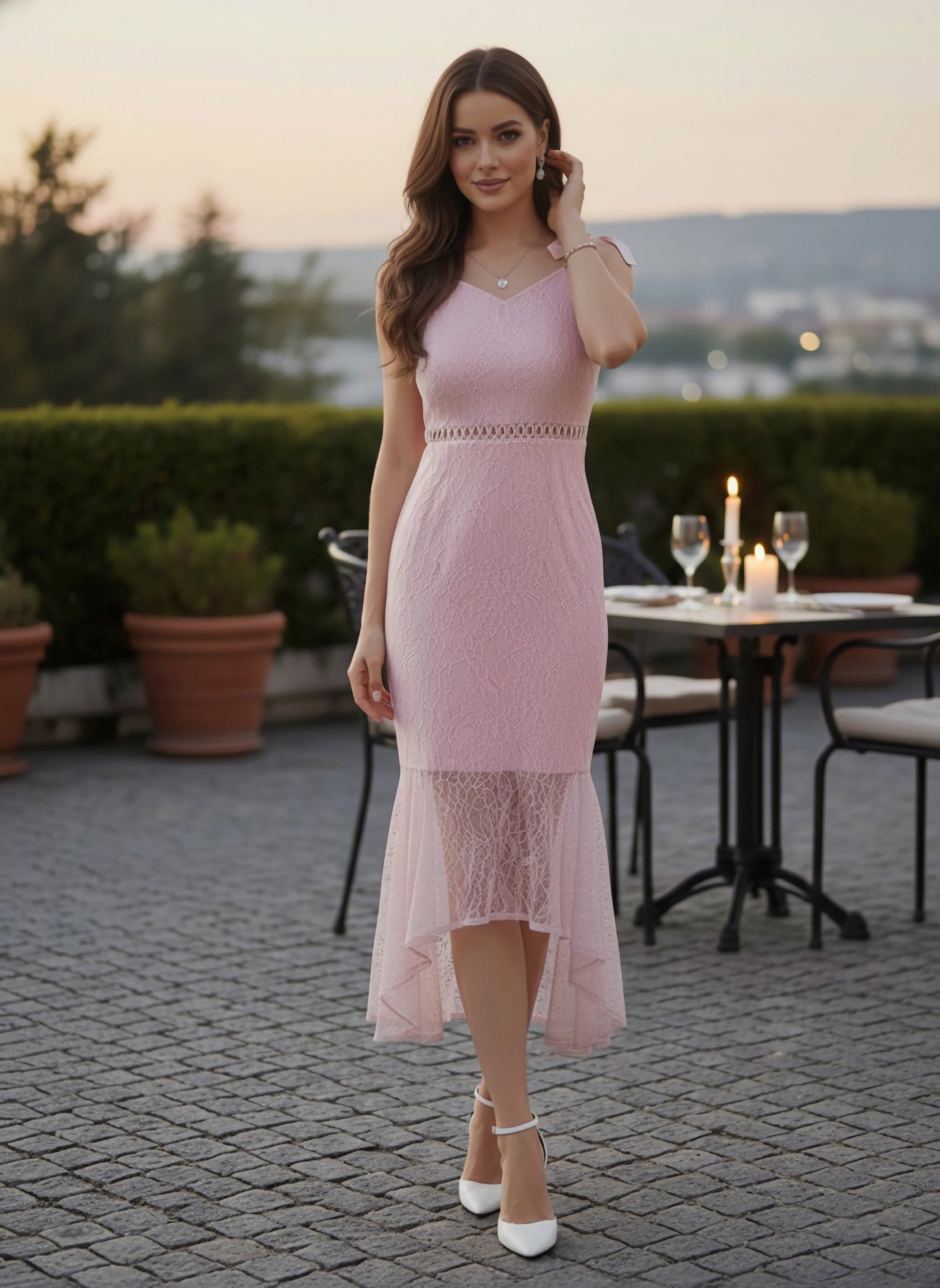 Women Pink Self-Design Pattern V-Neck Lace Insert Tie-Up Straps High-Low Hem Ruffled Midi Empire Dress - Berrylush Women Pink Self-Design Pattern V-Neck Lace Insert Tie-Up Straps High-Low Hem Ruffled Midi Empire Dress - Berrylush