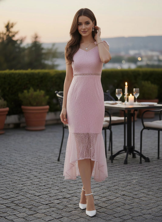 Pink Self-Design Pattern V-Neck Lace Insert Tie-Up Straps High-Low Hem Ruffled Midi Empire Dress