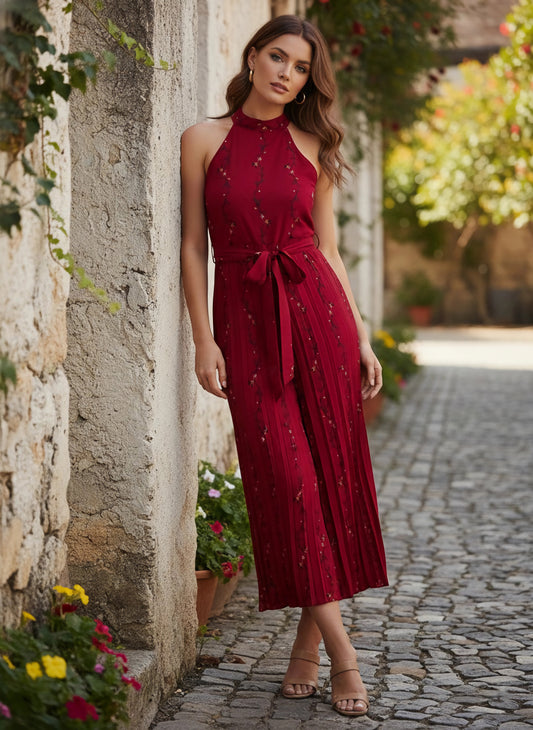 Berrylush Women Red Floral Printed Halter Neck Sleeveless Waist Tie-Up Pleated Culotte Jumpsuit