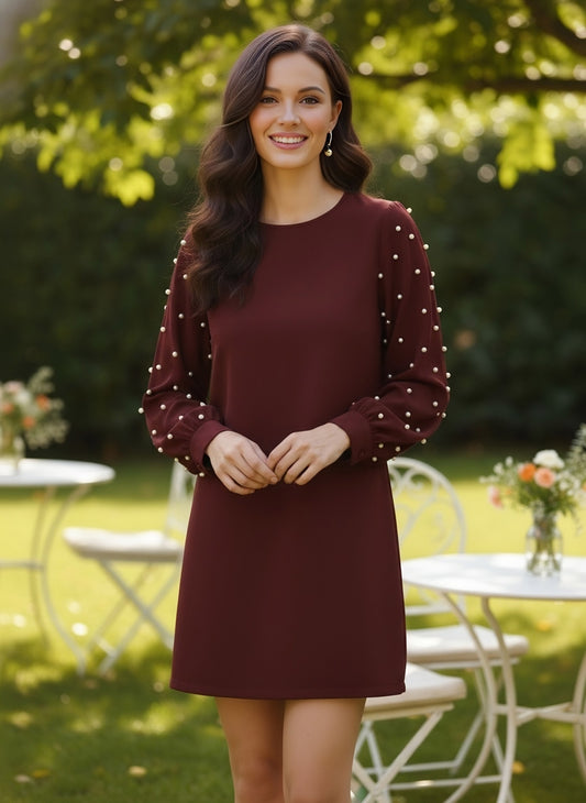 Berrylush Women Solid Maroon Round Neck Button-Up Straight Hem Embellished A-Line Mini Dress
