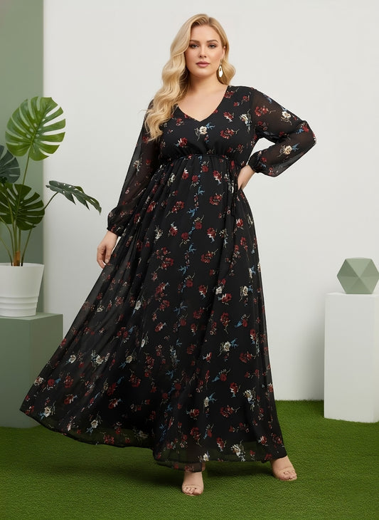 Berrylush Curve Women Black & Red Floral Printed V-Neck Bishop Sleeves Waist Tie-Up Pleated Maxi Dress