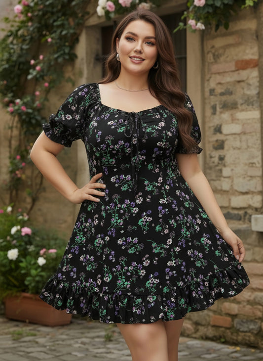 Berrylush Women Plus Size Black & Green Floral Printed Sweetheart Neck Tie-Up Front Crepe Ruffled A-Line Mini Dress