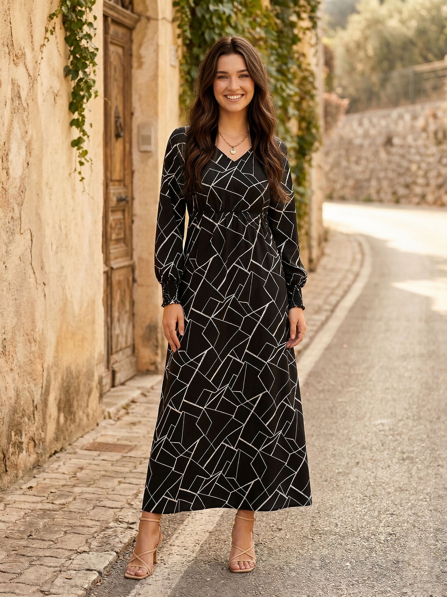 Women Black & White Geometric Printed V-Neck Bishop Sleeves Flared A-Line  Maxi Dress