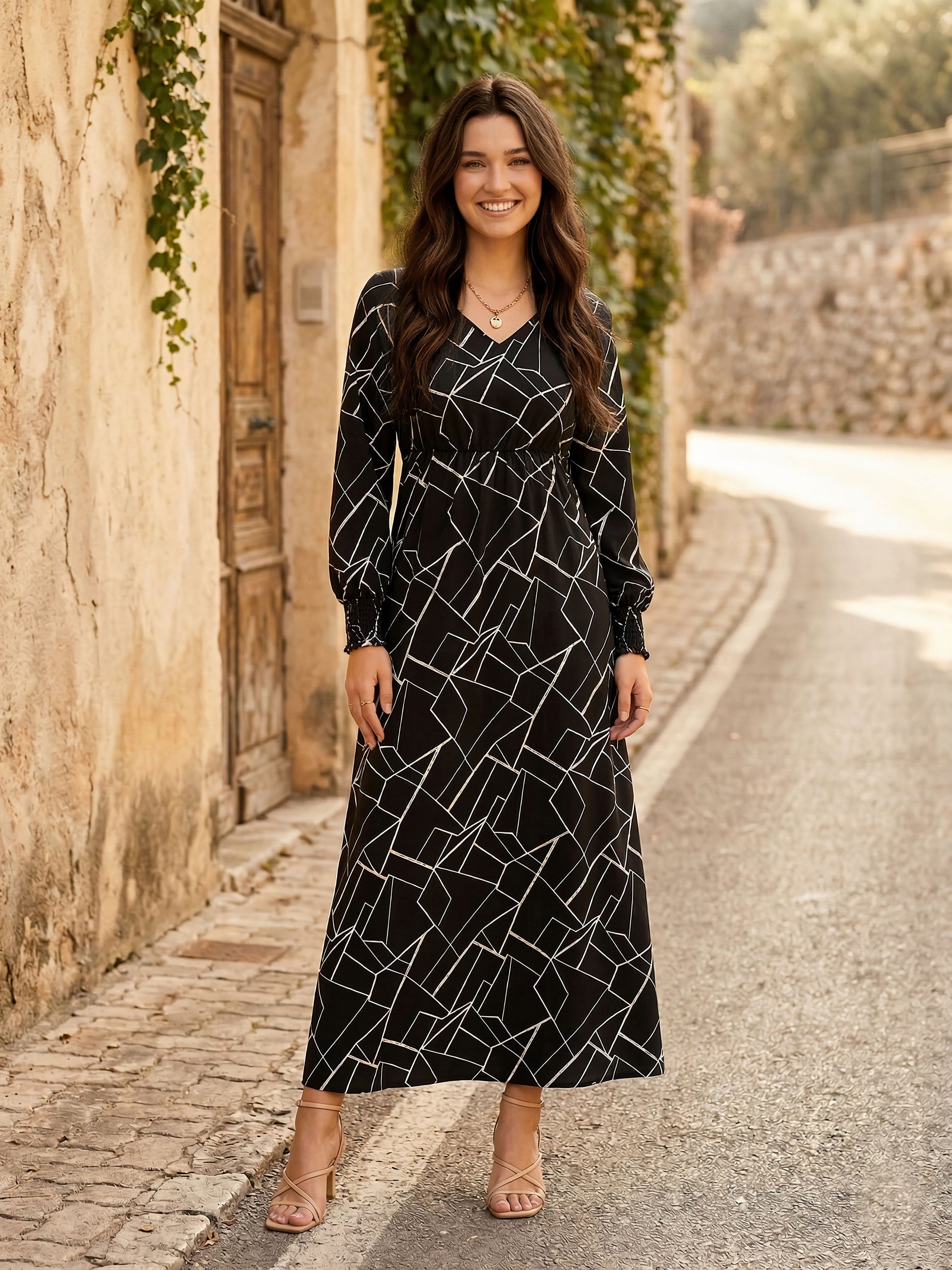 geometric pattern maxi dress Women Black & White Geometric Printed V-Neck Bishop Sleeves Flared A-Line Maxi  Dress