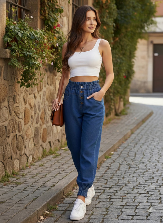 Solid Blue High-Rise Elastic Waist Four-Pocket Cotton Slip-On Knitted Regular Joggers