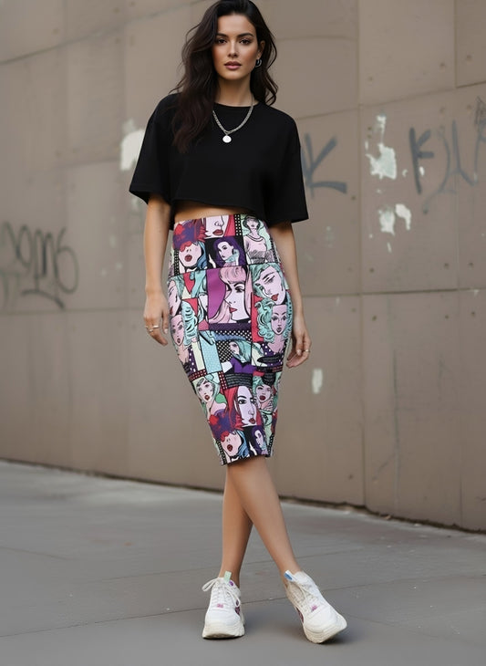 Berrylush Women Multicolour Graphic Printed High-Rise Straight Hem Slip-On Back-Slitted Pencil Midi Skirt