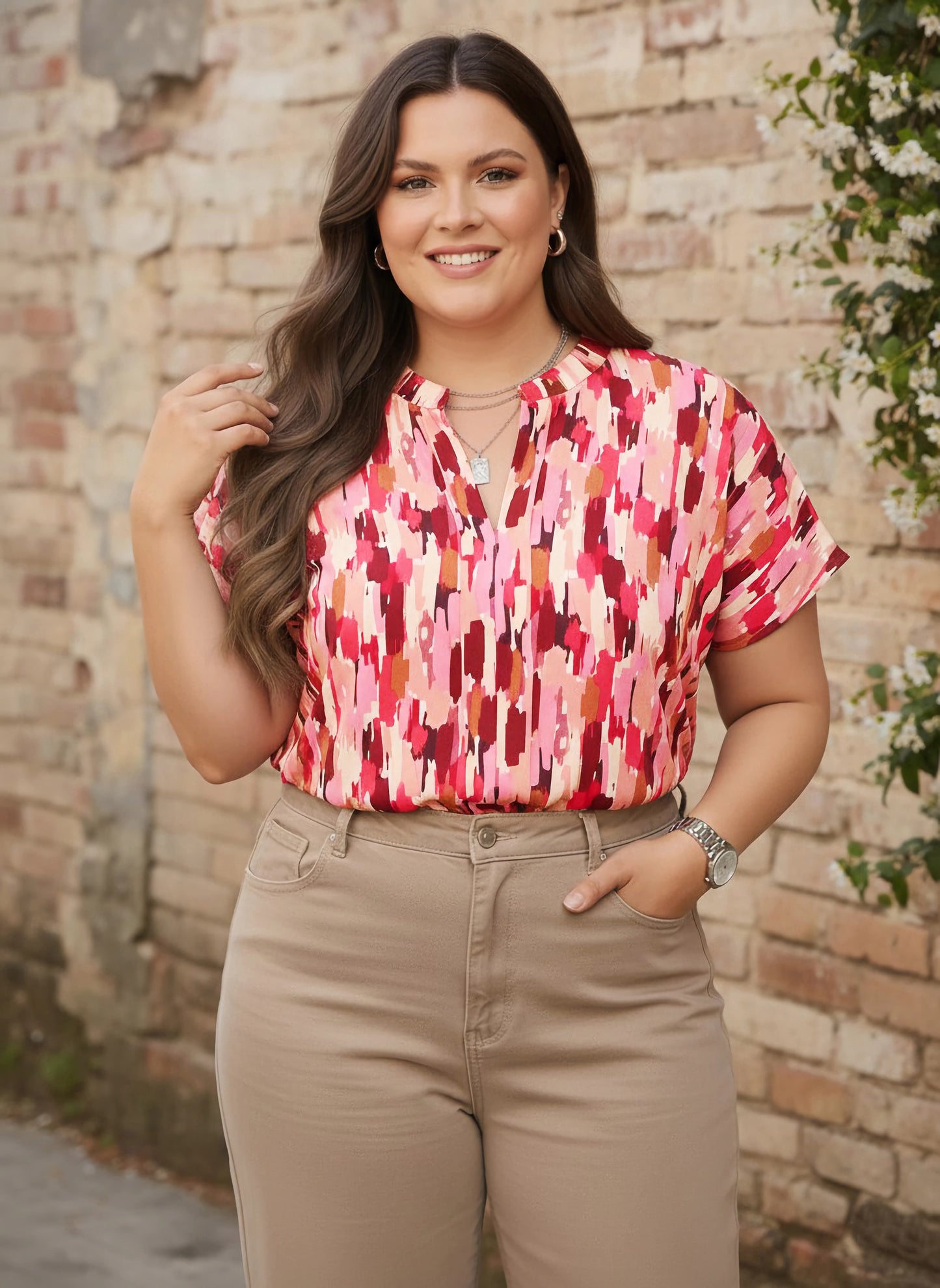 Berrylush Curve Women Pink & Red Geometric Printed Notch Neck Short Sleeves Straight Hem Regular Top