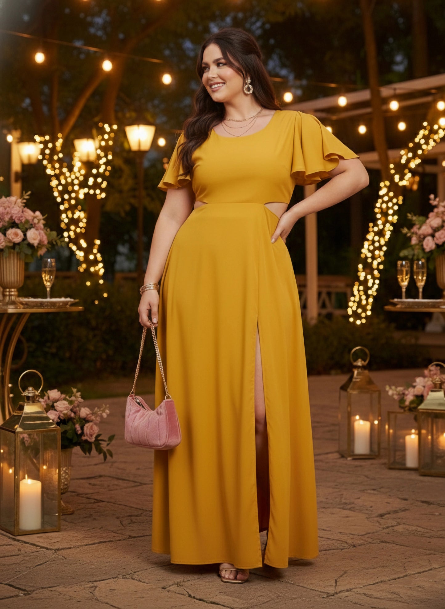 Plus Size Solid Yellow Round Neck Flutter Sleeve Back Cutout Thigh-High Slit Flared Maxi Dress