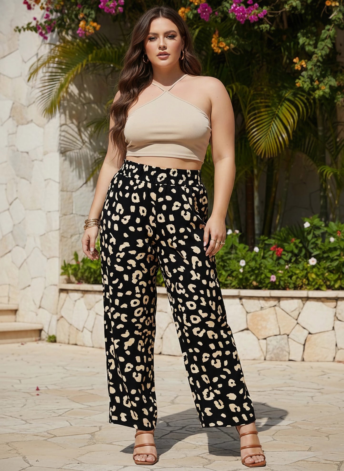 Berrylush Women Plus Size Black & White Animal Printed High-Rise Elastic Waist Slip-On Regular Trousers