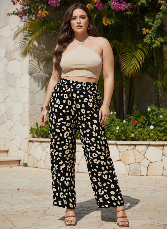 Berrylush Women Plus Size Black & White Animal Printed High-Rise Elastic Waist Slip-On Regular Trousers