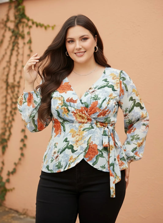 Berrylush Curve Women Blue & Orange Floral Printed V-Neck Bishop Sleeves Waist Tie-Up Wrap Regular Top