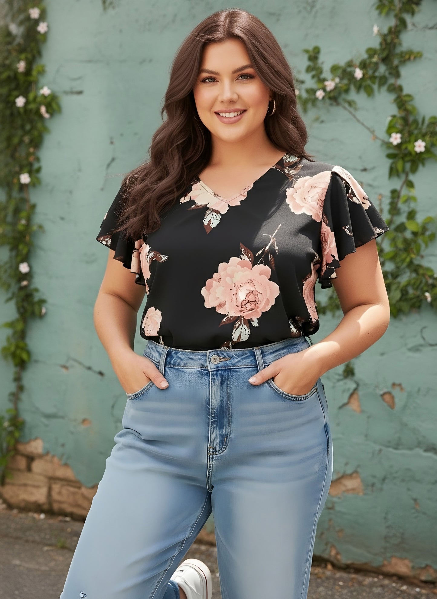 Berrylush Curve Women Black & Pink Floral Printed V-Neck Flutter Sleeves Slip-On Regular Top