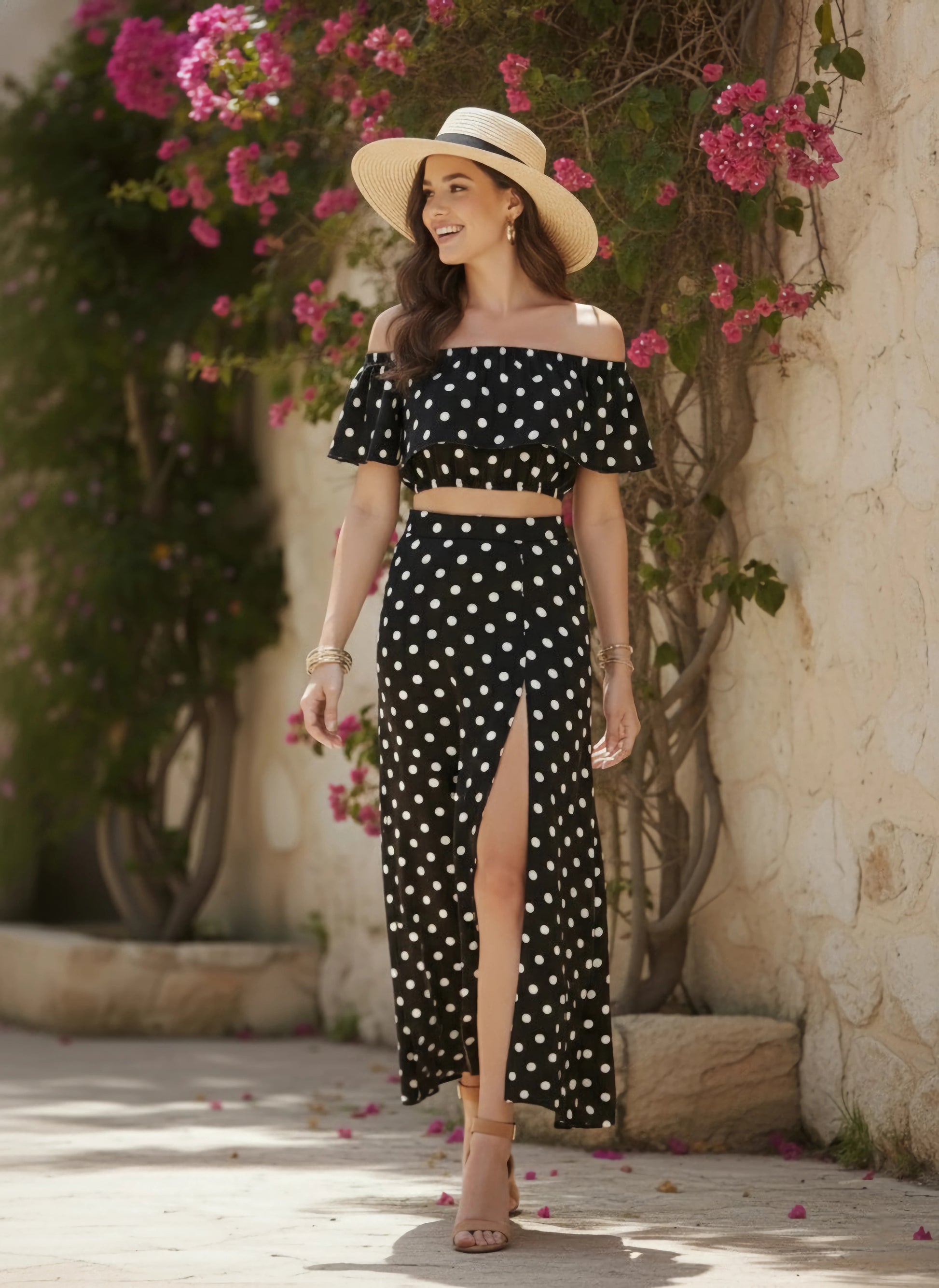 Women Black & White Polka Dot Printed Off-Shoulder Co-Ordinate Maxi Dress - Berrylush Women Black & White Polka Dot Printed Off-Shoulder Co-Ordinate Maxi Dress - Berrylush