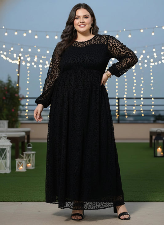 Plus Size Black Animal Printed Round Neck Semi-Sheer Velvet Flared A-Line Maxi Dress