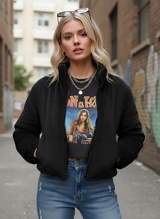 Berrylush Women Solid Black Stand Collar Neck Zipper-Up Cotton Straight Hem Tailored Regular Jacket