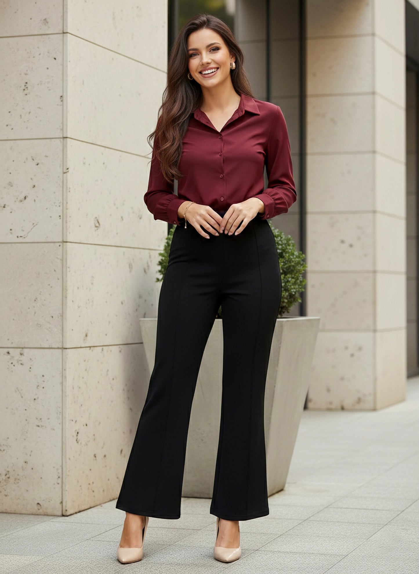 BIZwear Solid Black High-Rise Waist Slip-On Wide-Leg Flared Trousers
