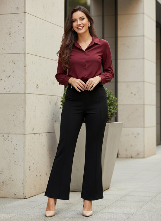 BIZwear Solid Black High-Rise Waist Slip-On Wide-Leg Flared Trousers