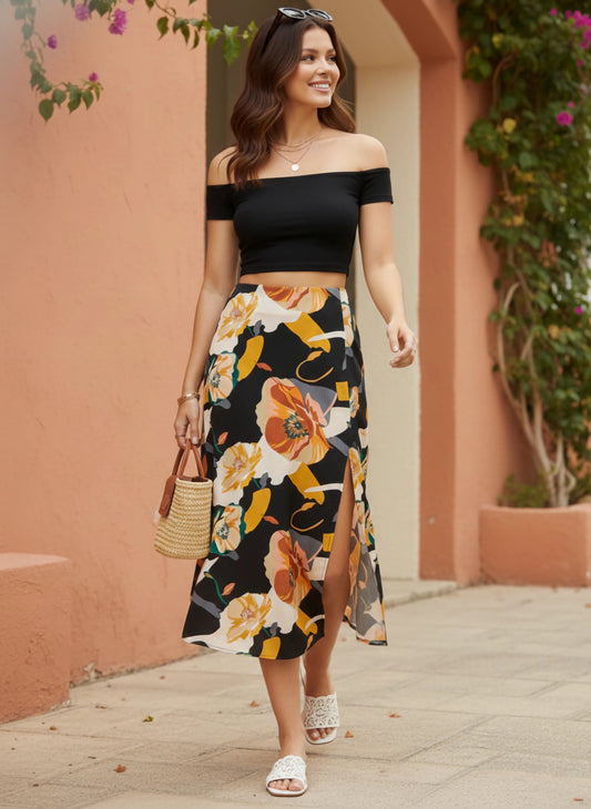 Berrylush Women Black & Orange Floral Printed Crepe Thigh-High Slit Flared A-Line Midi Skirt