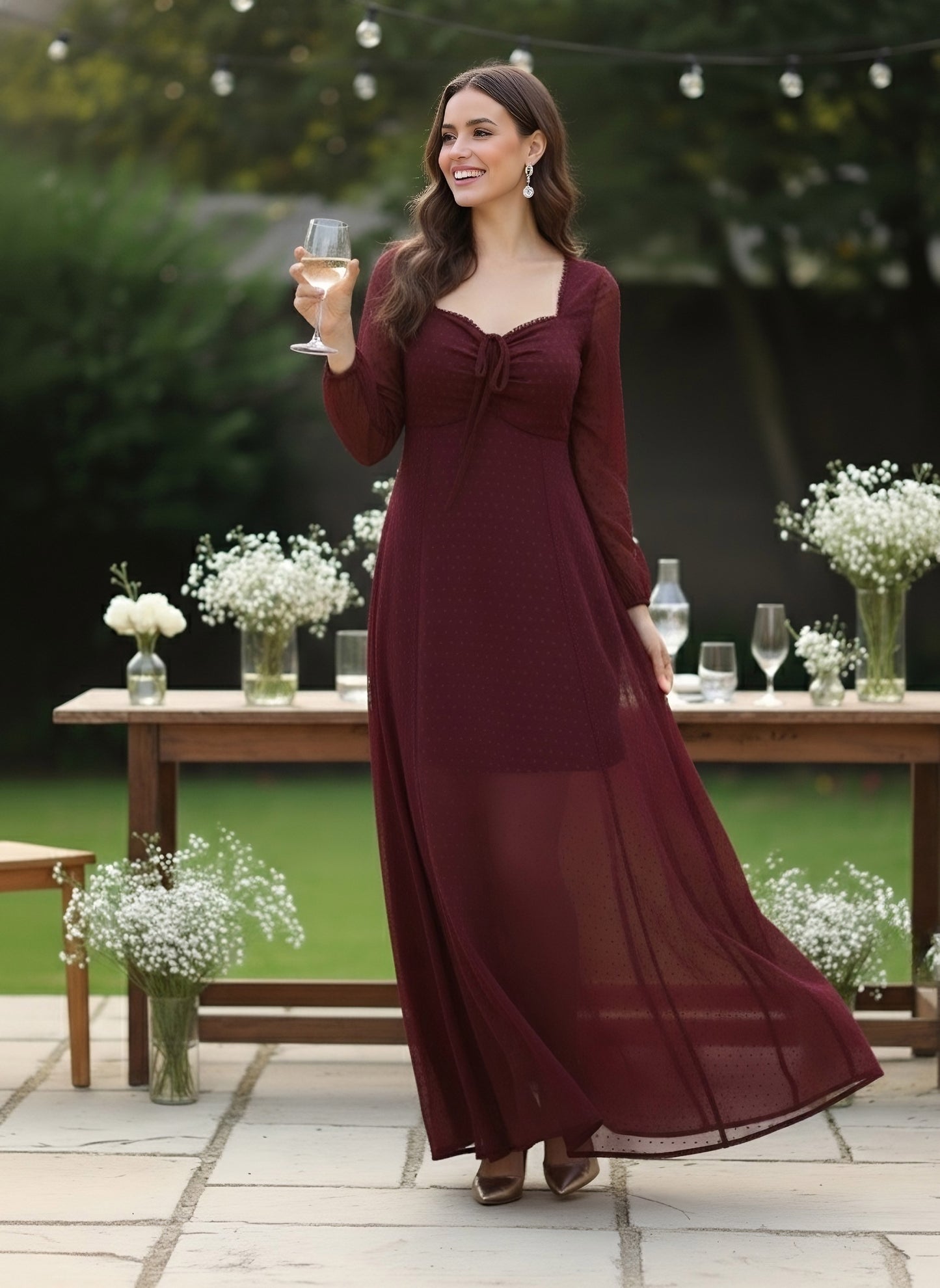 Berrylush Women Solid Maroon Dobby Weave Sweetheart Neck Tie-Up Backless Georgette Layered Fit & Flare Maxi Dress