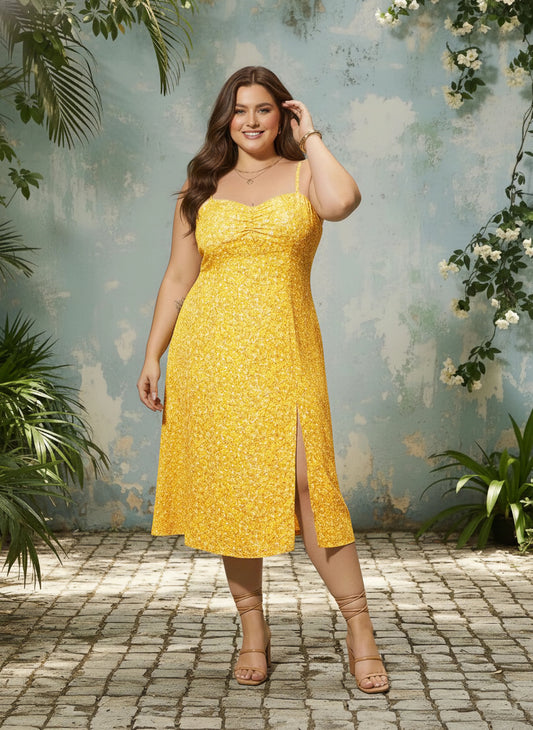 Curve Yellow Floral Printed Sweetheart Neck Sleeveless Thigh-High Slit Straight Hem A-Line Midi Dress