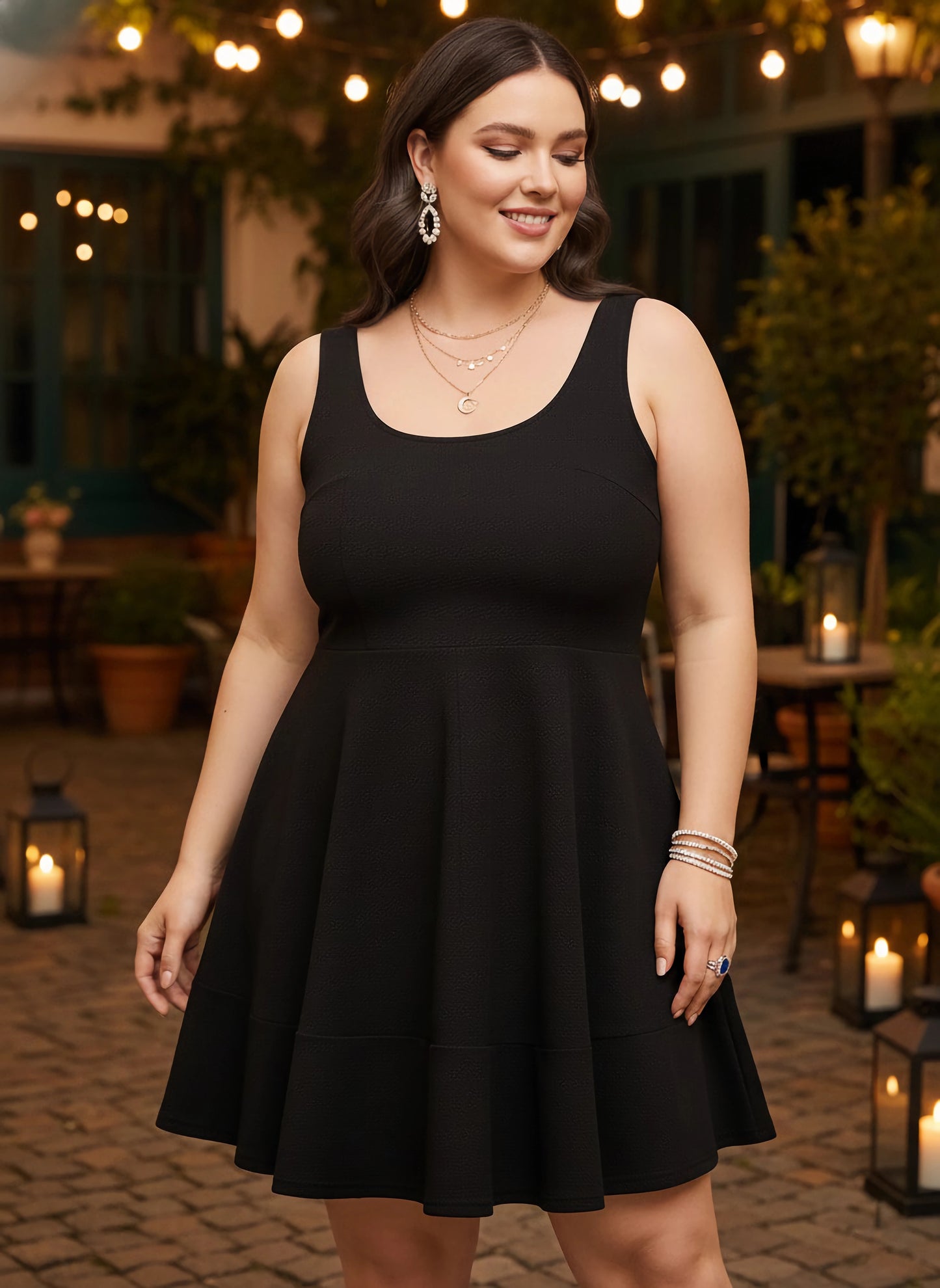 Curve Solid Black Scoop Neck Sleeveless Scoop Back Knitted Fit & Flare Mini Dress