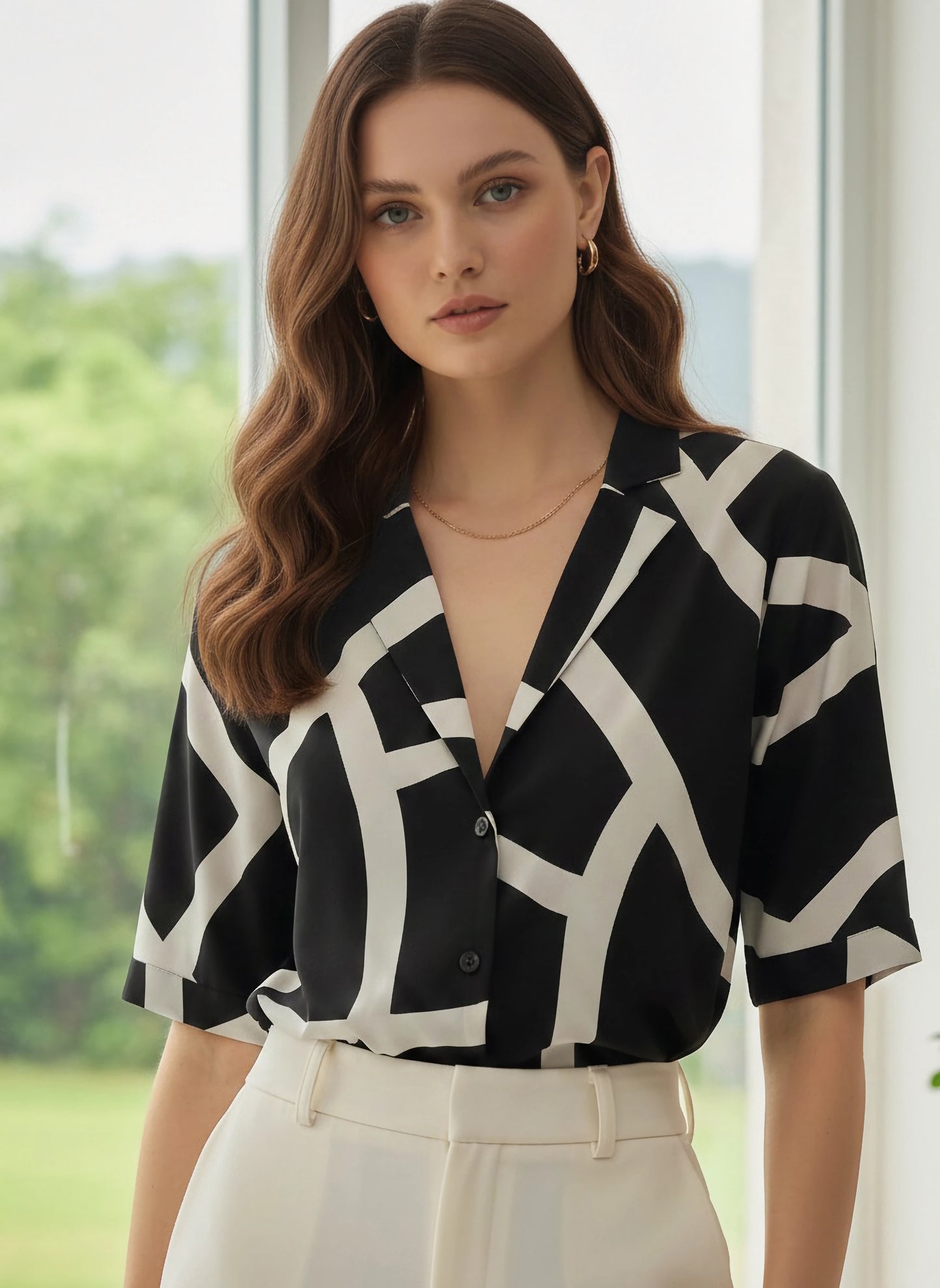 Berrylush BIZwear Women Black Printed Lapel Collar Regular Top