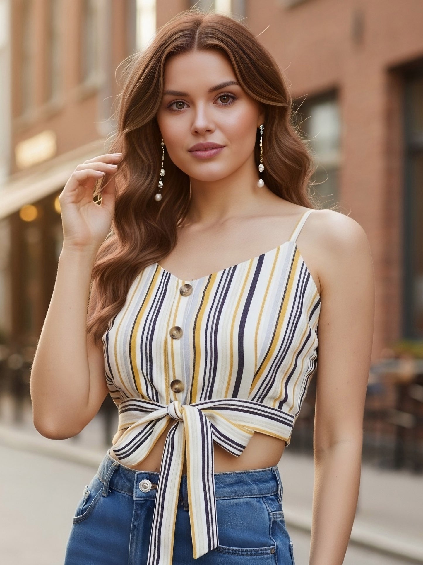 Berrylush Women Multi-Colour Striped Pattern V-Neck Tie-Up Knot Crop Top