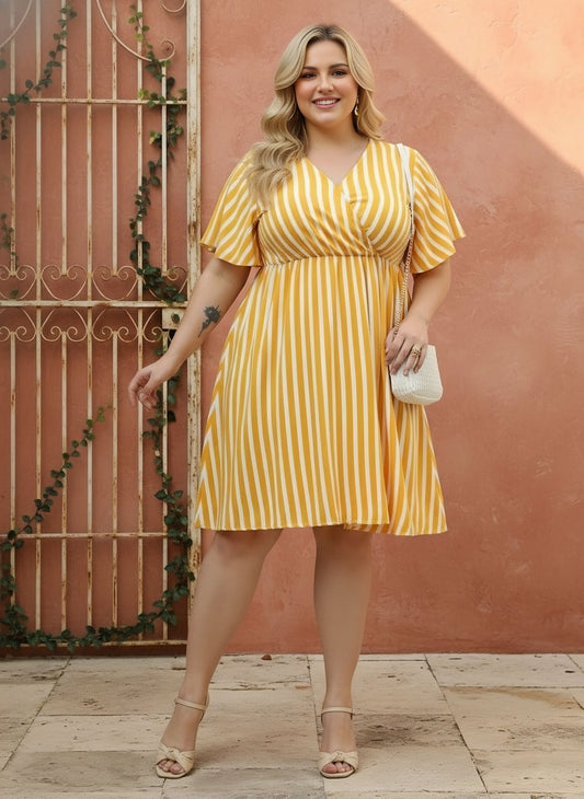 Berrylush Women Plus Size Yellow & White Striped Print V-Neck Flutter Sleeves Cotton Curved Hem Pleated A-line Mini Dress