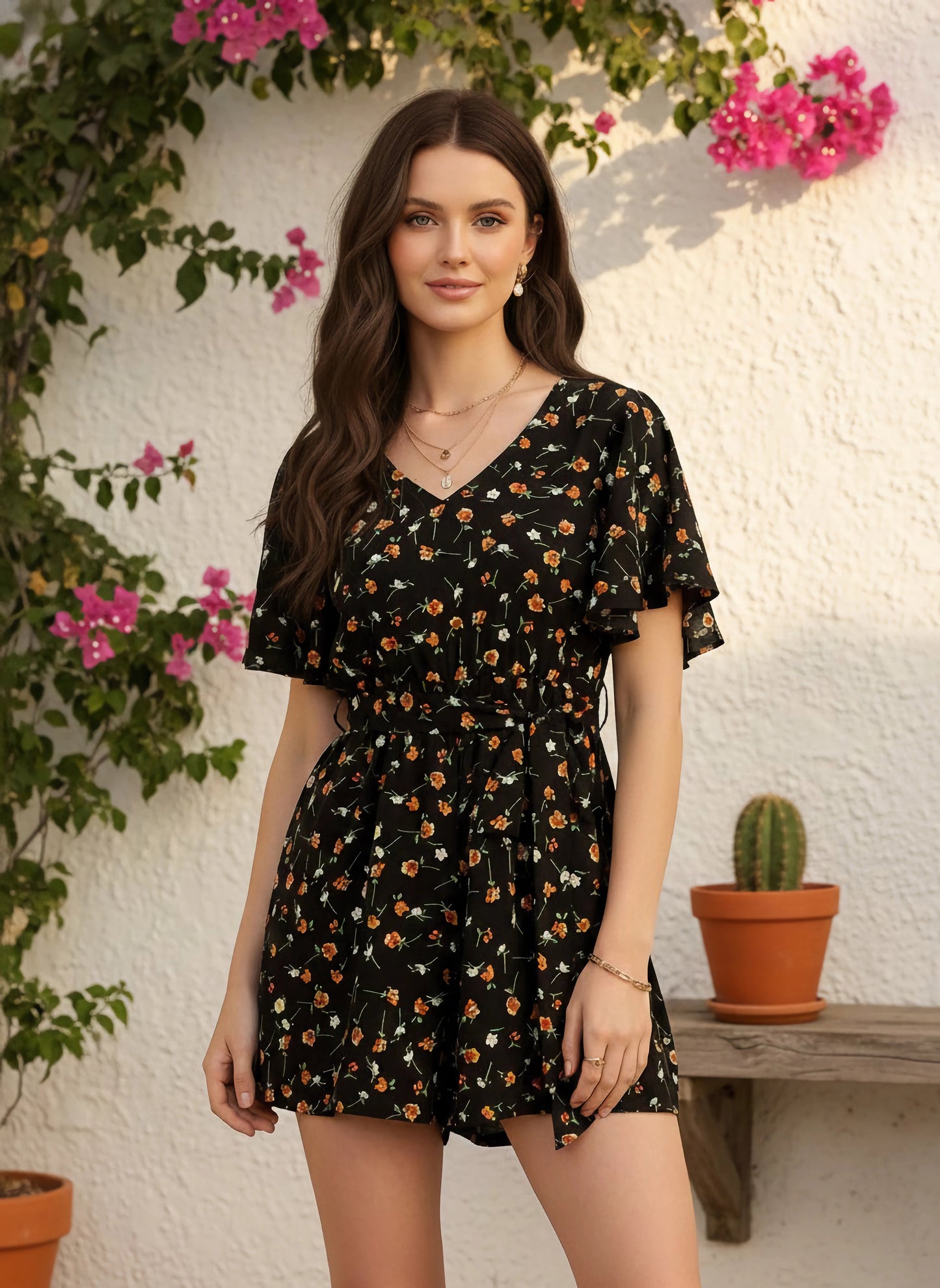 Berrylush Women Black & Orange Floral Printed V-Neck Back Keyhole Waist Tie-Up Mini Romper Jumpsuit