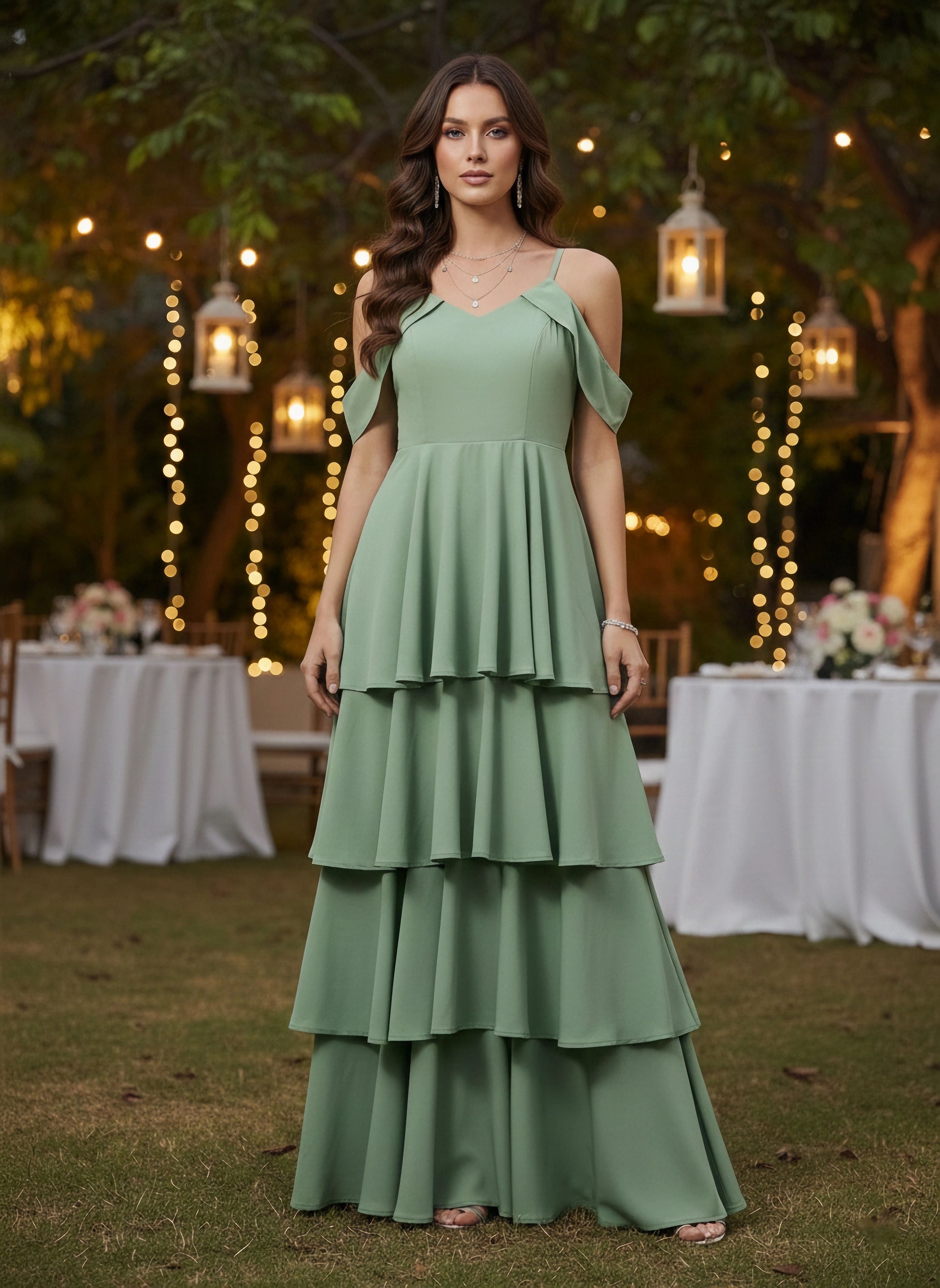 Berrylush Women Solid Green V-Neck Cold-Shoulder Flounce Hem Layered A Berrylush Women Solid Green V-Neck Cold-Shoulder Flounce Hem Layered A