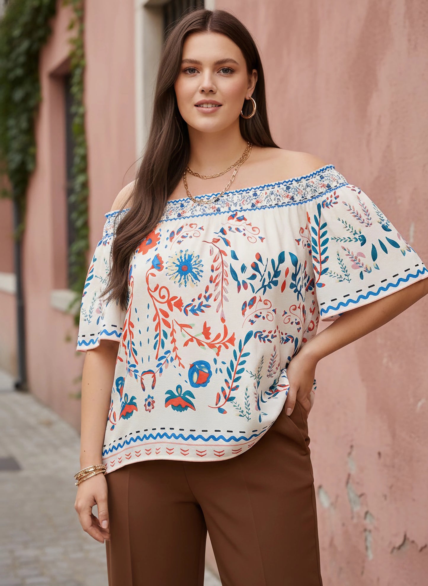 Berrylush Curve Women White & Multicolour Tribal Printed Off-Shoulder Neck Short Sleeves Regular Top