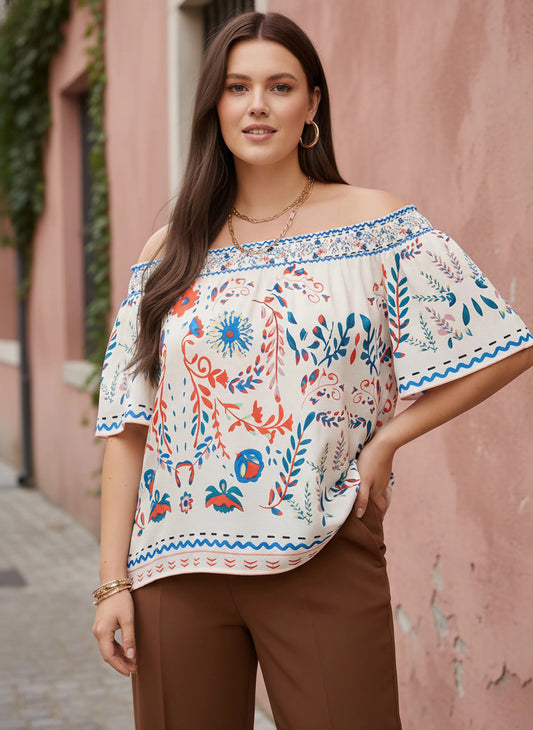Berrylush Curve Women White & Multicolour Tribal Printed Off-Shoulder Neck Short Sleeves Regular Top