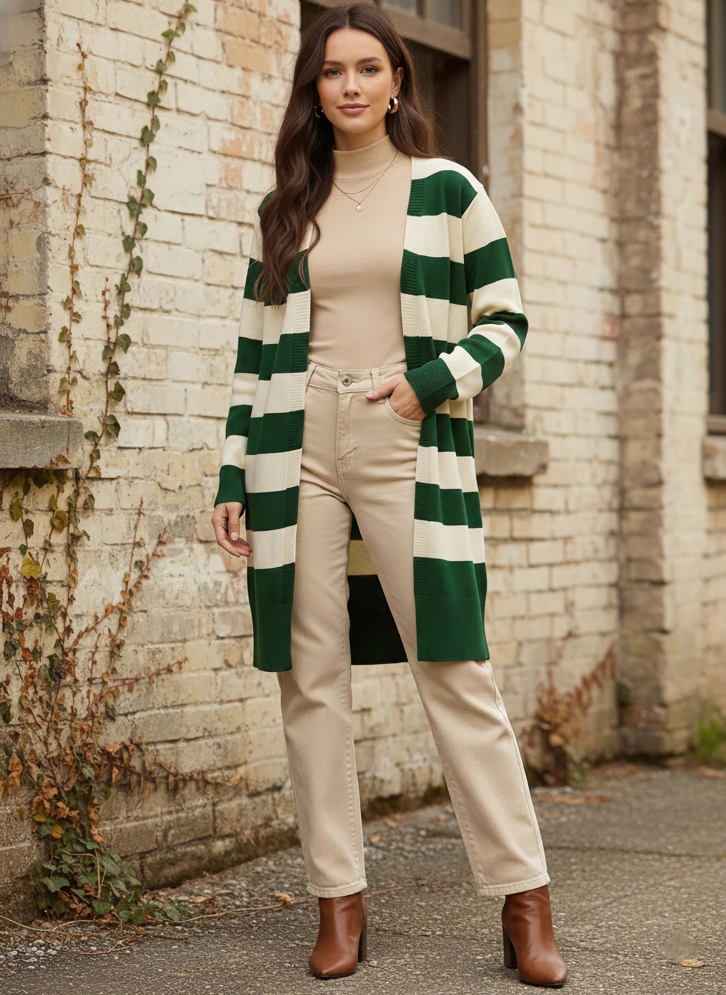 Berrylush Women Green & White Striped Print V-Neck Drop-Shoulder Sleeves Open-Front Acrylic Straight Hem Knitted Longline Cardigan