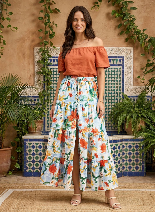 Blue & Orange Floral Printed High-Rise Elastic Waist Front Thigh-High Slit Gathered A-Line Maxi Skirt