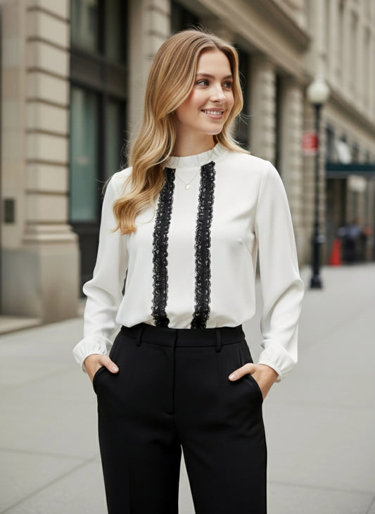 Solid White & Black Mock Neck Lace-Up Keyhole Back Ruffled Regular Top