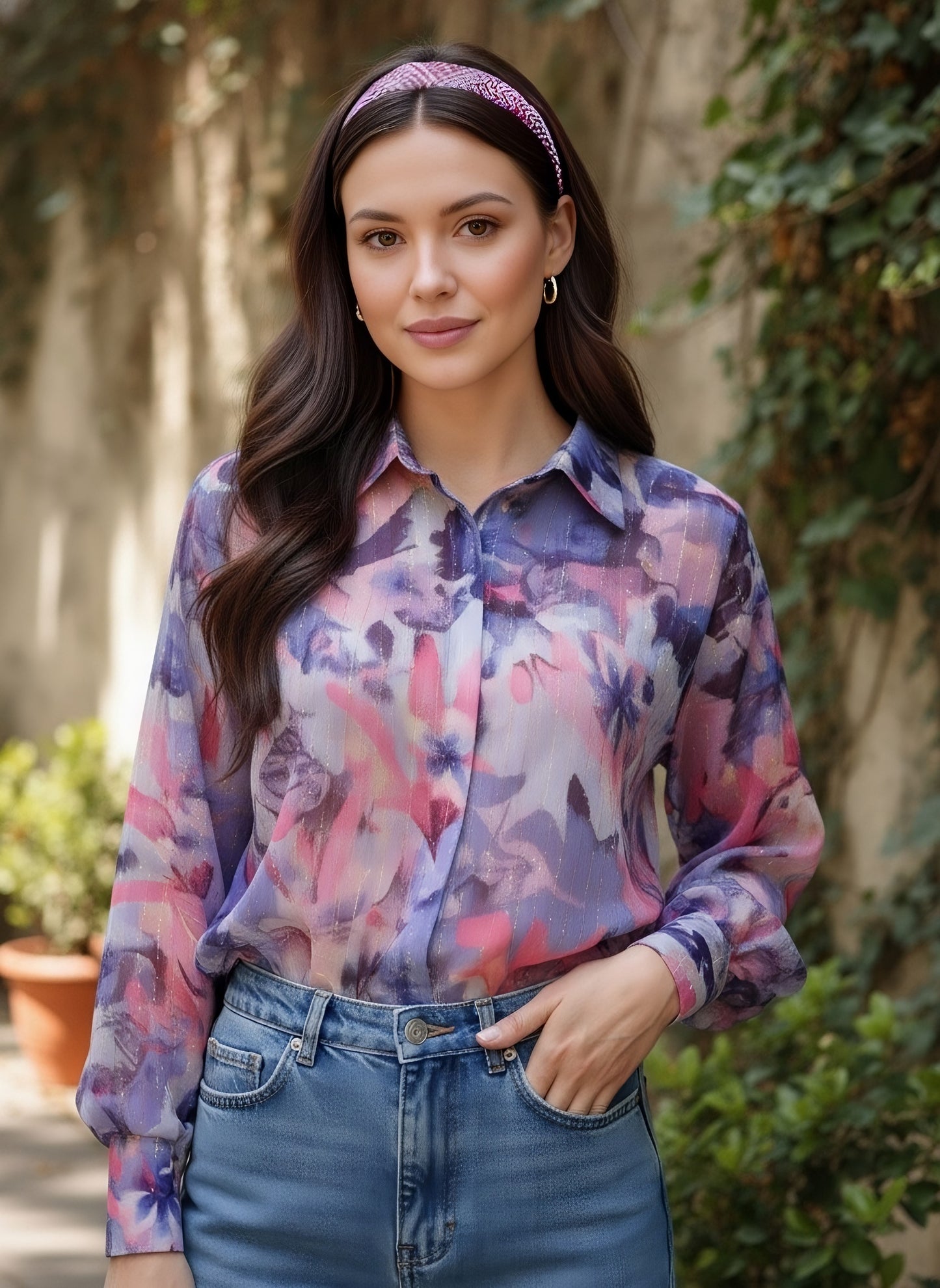 Berrylush Women Purple Floral Print Spread Collar Long Sleeves Casual Regular Shirt