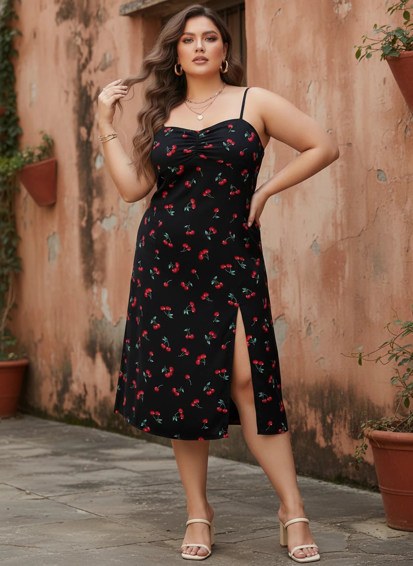 Berrylush Women Plus Size Navy Blue Cherry Printed Sweetheart Neck Ruched Sheath Midi Dress