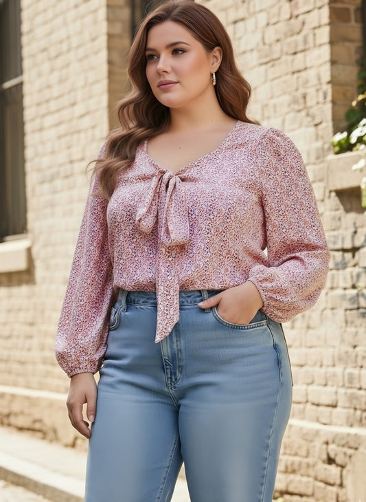 Berrylush Curve Women White & Pink Floral Printed Sweetheart Neck Bishop Sleeves Tie-Up Front Regular Top