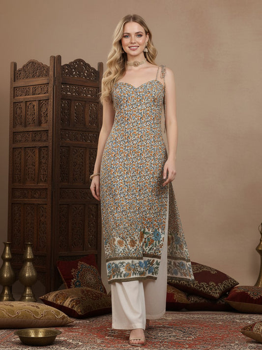 Berrylush Women White & Blue Floral Printed Sweetheart Neck Tie-Up Strap Straight Midi Kurta