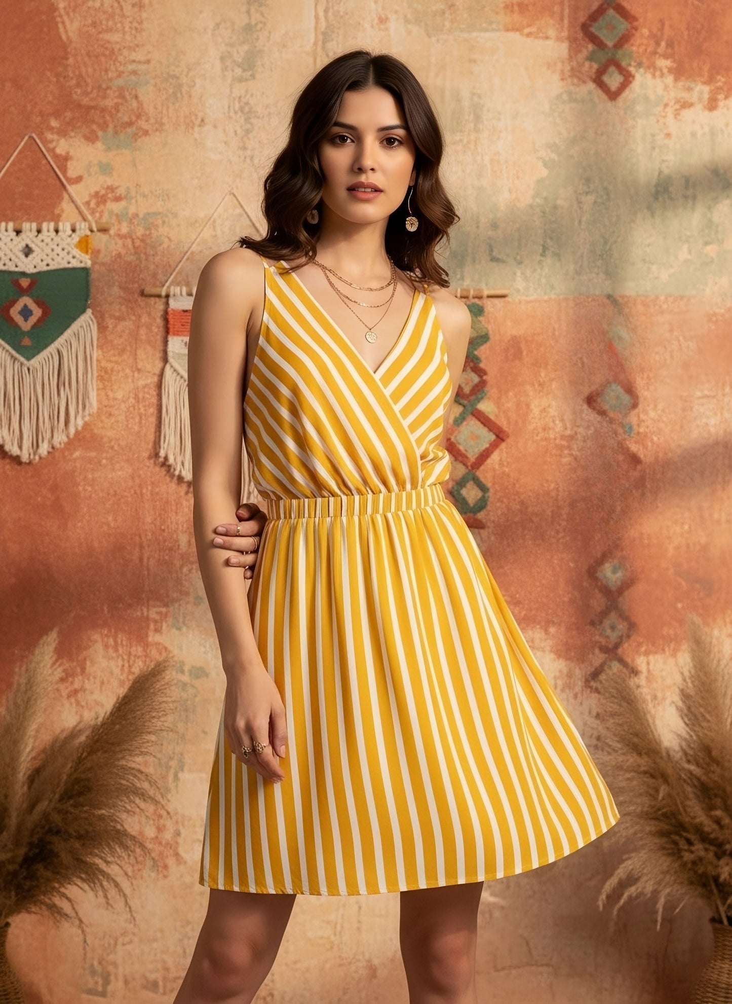 Berrylush Women Yellow & White Stripe Printed V-Neck Open Back Straight Hem A-Line Mini Dress